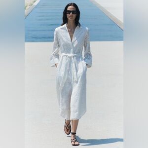 Zara White Eyelet Maxi Shirt Dress